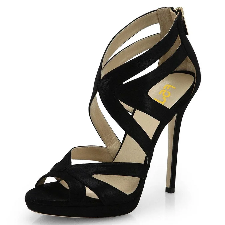 Black Stiletto Shoes Peep Toe Strappy High Heel Sandals |FSJ Shoes