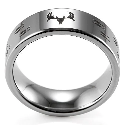 Tungsten 4MM 6MM 8MM 10MM Men's Or Women Hunting Rings Deer Crossing Wedding ring band. Silver Tungsten Carbide Band with Deer Antler and Hooves Laser Design. Hunter's Wedding ring band Comfort Fit Ring