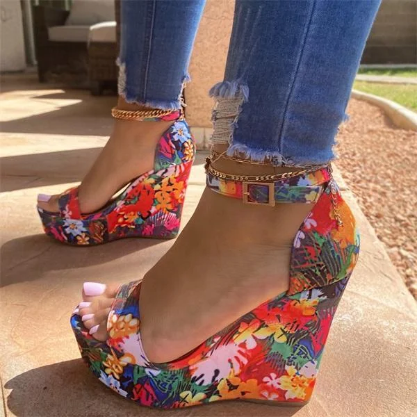 Fyshare Printed Platform Wedge Floral Open Toe Ankle Buckle Sandals