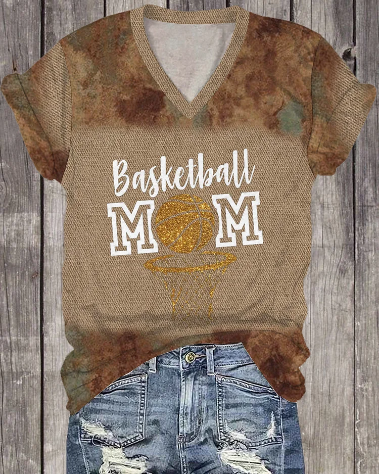 Basketball Mom Western Country Print V Neck Short Sleeve T-shirt