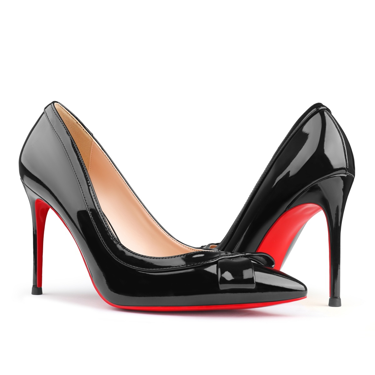 100mm Women Gloss Patent Stiletto Heels Bow Detail Red Bottom Evening Shoes-MERUMOTE