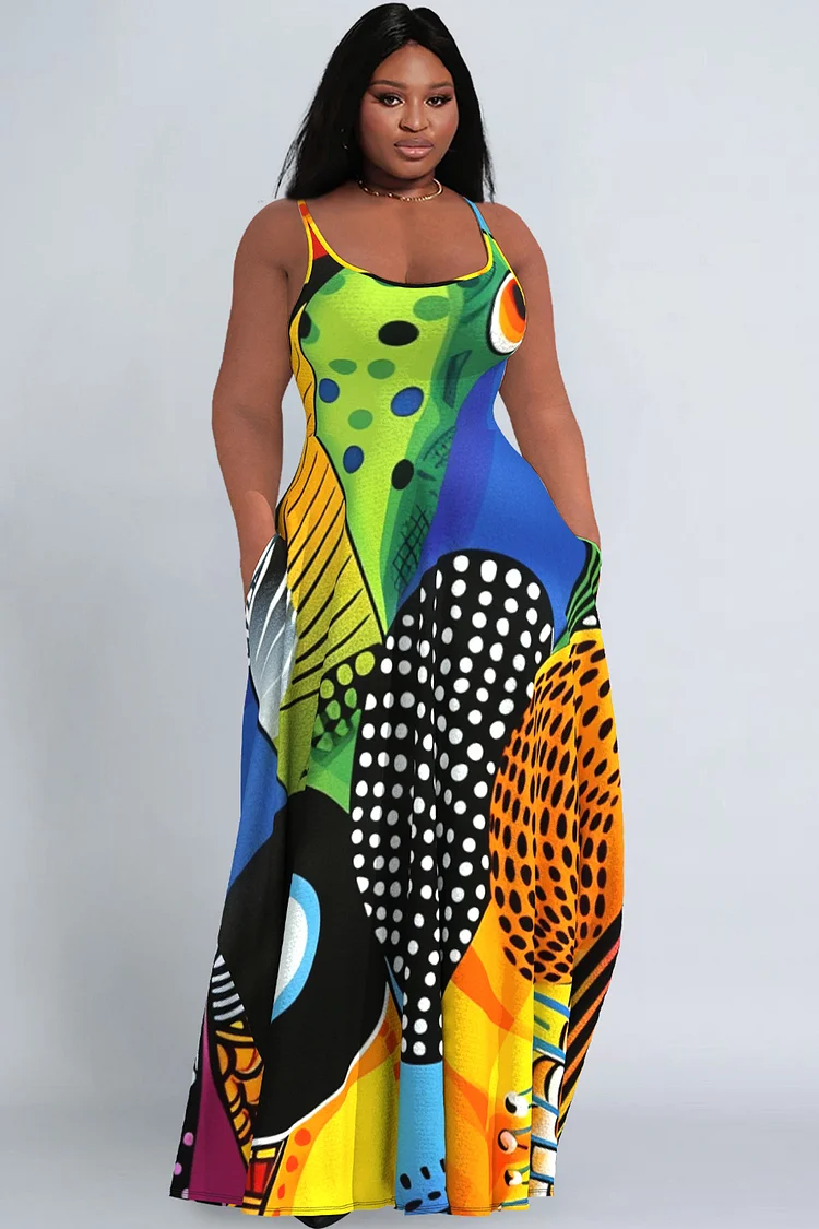 Xpluswear Design Plus Size Colorblock Dots Abstract Print Camisole Sundress Maxi Dresses 
