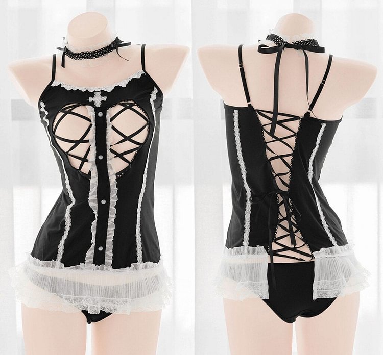 Love Ribbon Hollow Out Cute Black White Uniform Lingerie Suit BE329