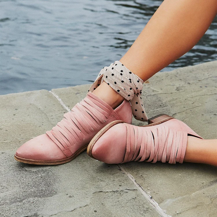 Pink Almond Toe Cut-Out Strap Low Block Heel Ankle Boots |FSJ Shoes