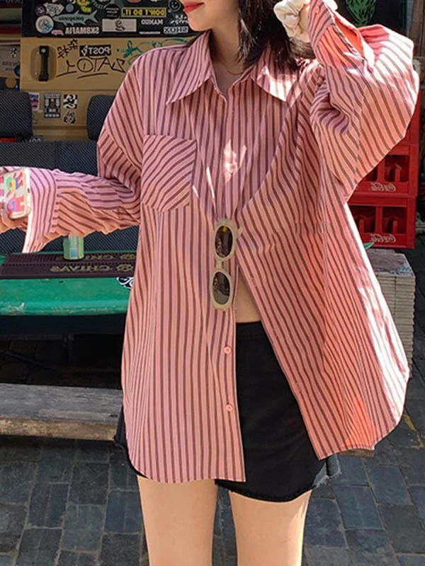 Long Sleeves Roomy Striped Lapel Shirts Tops