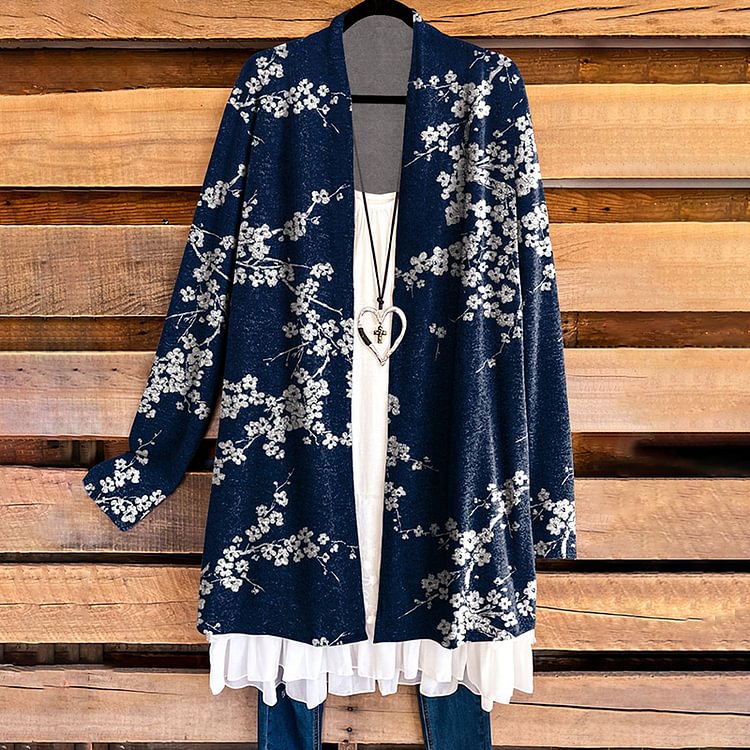 Vefave Casual Plum Print Long Sleeve Cardigan