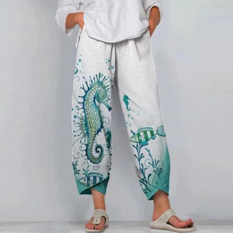 Comstylish Irregular Printed Casual Loose High Waist Split Casual Pants