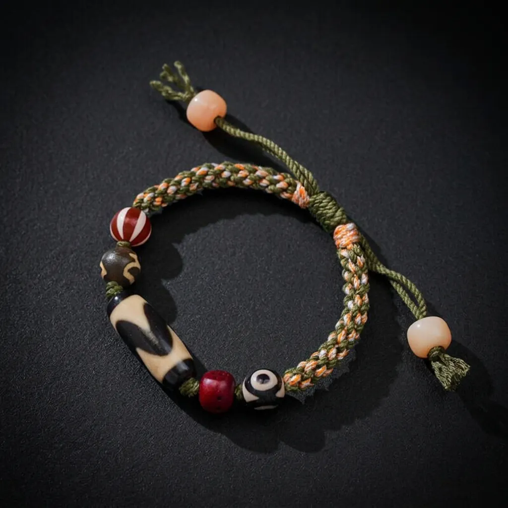 JiStones Artisan Hand-Woven Dzi Bead & Agate Bracelet Heritage Forest & Earth Tones