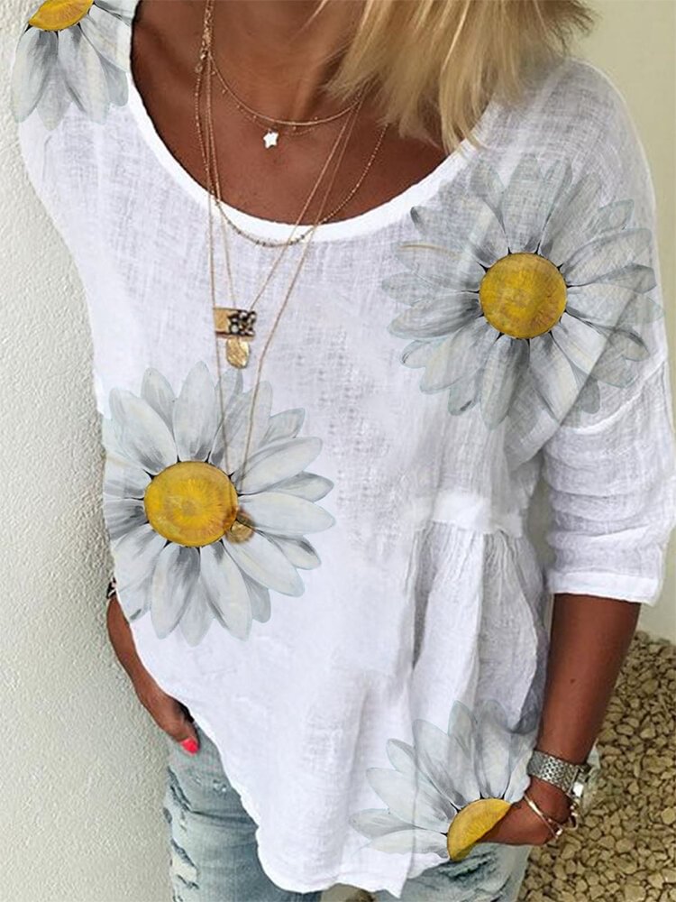 Flower Print O neck Casual T shirt for Women P1690942