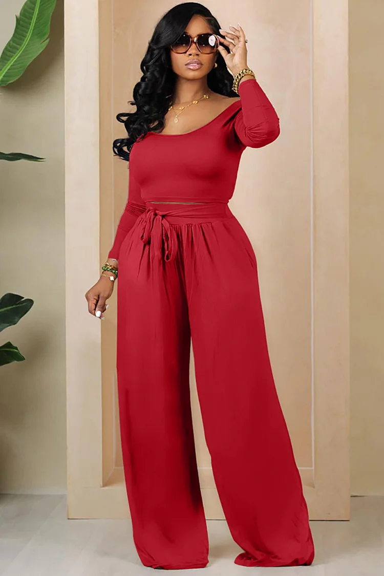 Plain Knit Off Shoulder Long Sleeve Crop Top Tie Up Wide Leg Pants Matching Set