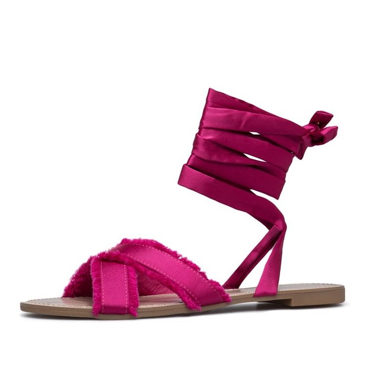 Hot Pink Flat Sandals Open Toe Satin Strappy Sandals |FSJ Shoes