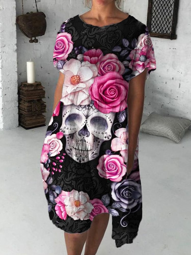 Elegant Floral Sugar Skull Art Midi Dress