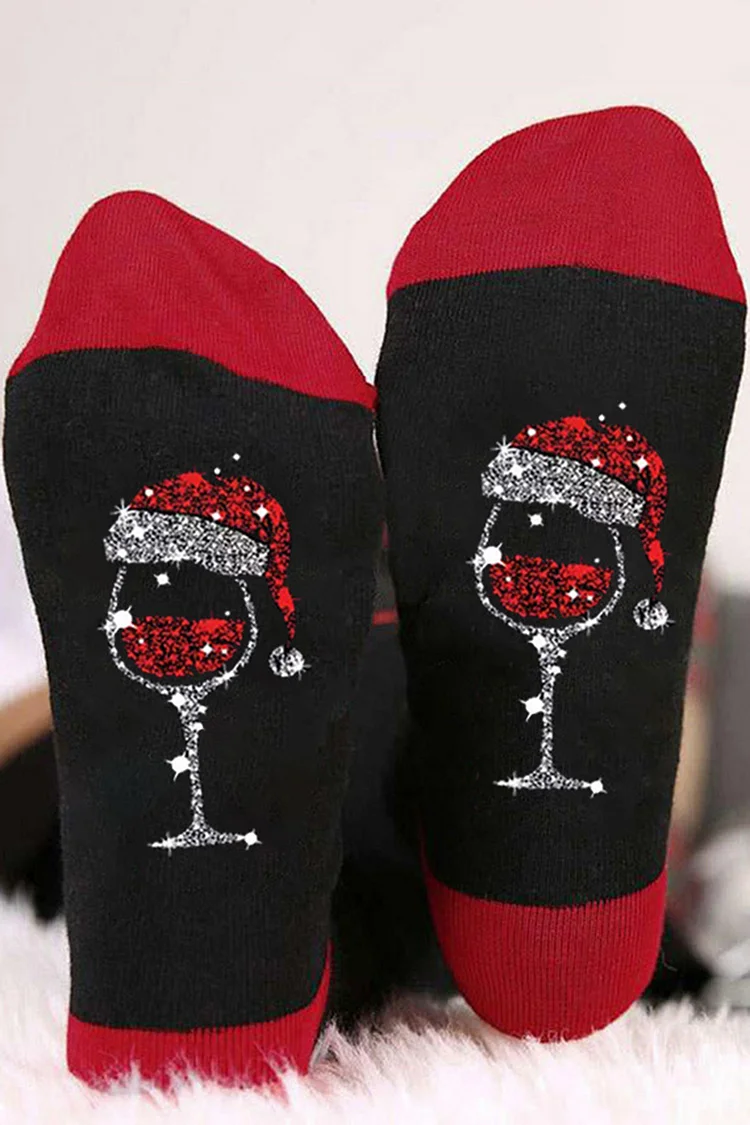 Christmas Colorblock Shiny Santa Hat Wine Glass Print Crew Socks