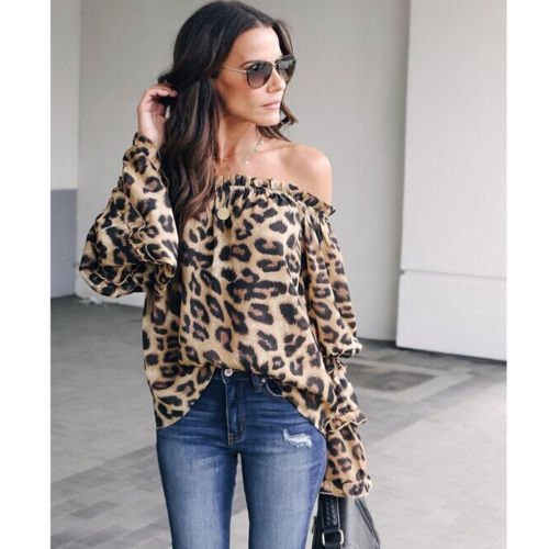 Fashion Womens sexy Hot Autumn Shirt Ladies Leopard Elegant Tops Bodycon Low cut Off Shoulder Long Sleeve Blouse - BlackFridayBuys