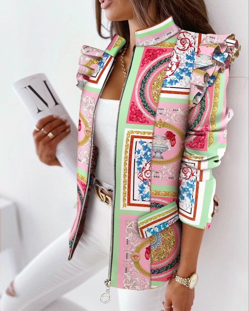 Women's Colorful Leopard Ruffle Zip Print Jackets
