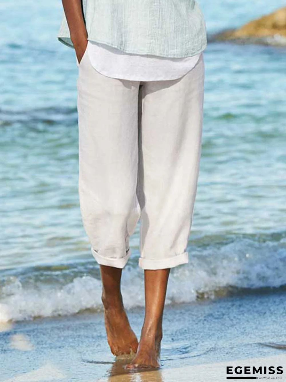Women White Cotton Solid Casual Pants | EGEMISS