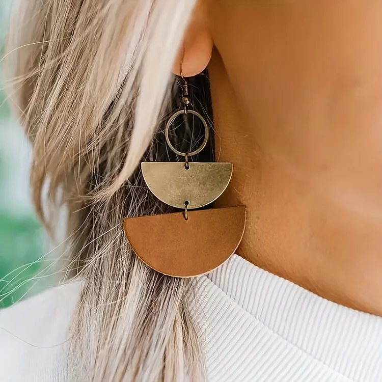 Retro Semi-Circle Stitching PU Leather Drop Earrings Ethnic Style Geometric Shape Ear Jewelry Gift