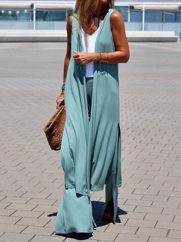 Roomy Sleeveless Pure Color Split-Side Cover-Ups Tops Outerwear
