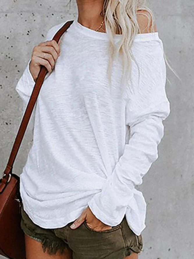 White Casual Solid Long Sleeve T-Shirt Zaesvini