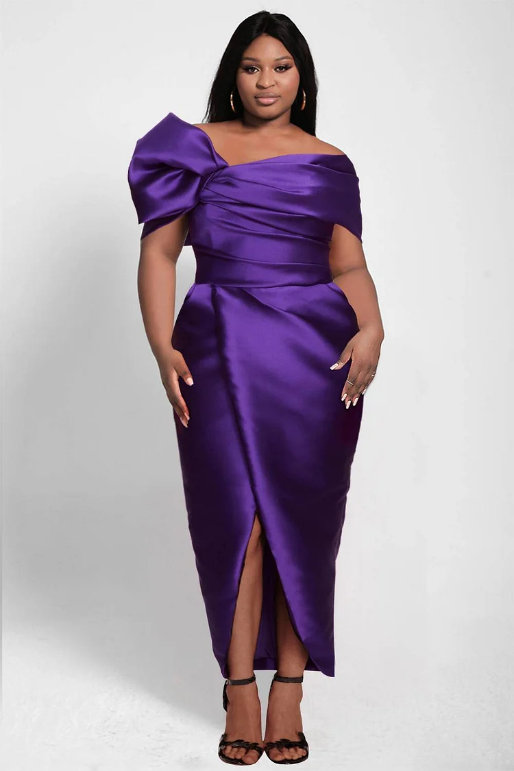 Plus Size Cocktail Party Dress Purple One Shoulder Satin Midi Dress [Pre-Order]