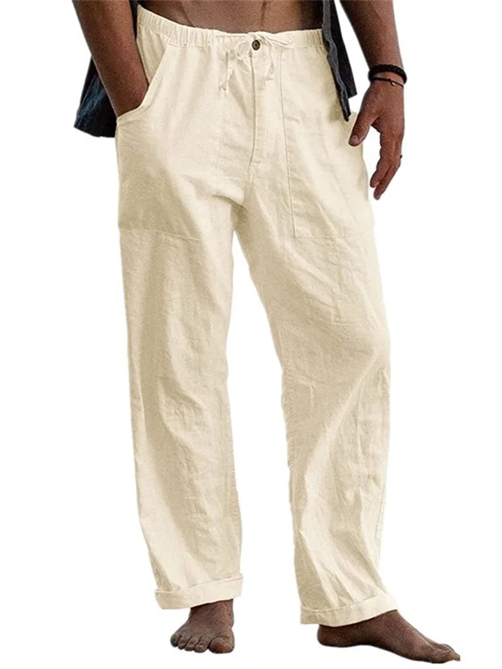 Men's Linen Pants Trousers Summer Pants Drawstring Elastic Waist Straight Leg Plain Comfort Daily Going out Linen / Cotton Blend Fashion Streetwear Dark Grey Black-JRSEE