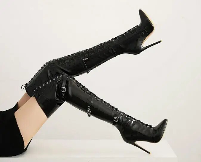 VCSHOES Woman Red Black White Patent Leather Buckles Slim Over The Knee Boots Female Pointed Toe 12 Cm Stiletto Heels Thigh Boots