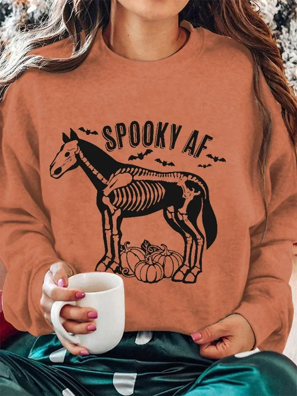 Women's Equestrian Halloween Spooky AF Print Crew Neck Sweatshirt
