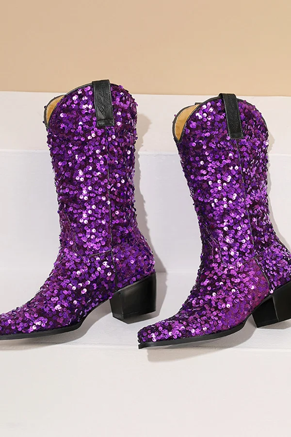 Vintage Sequined Chunky Heeled Boots