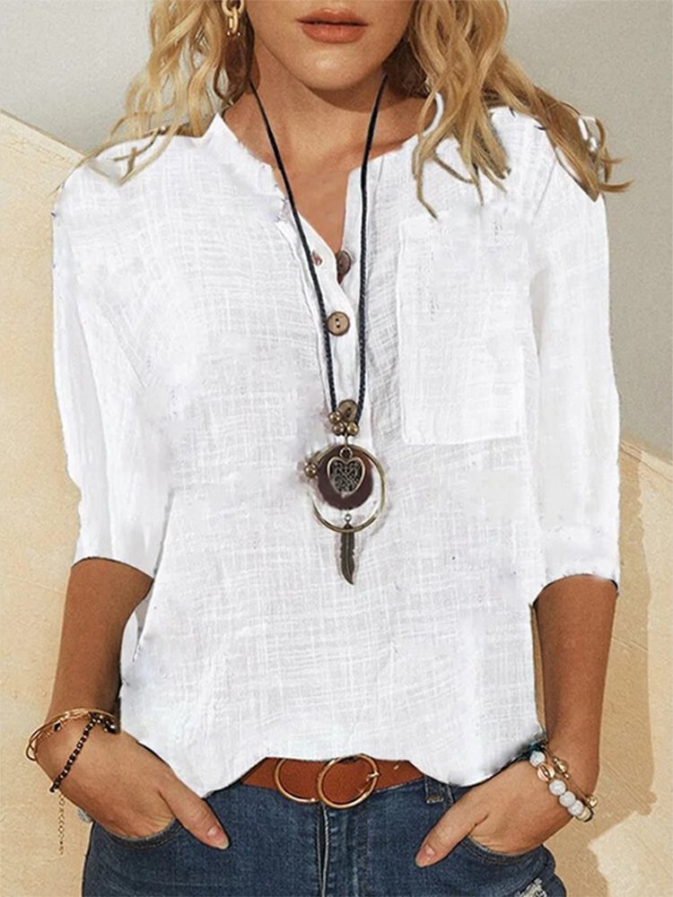 Solid Color Button Cardigan Stand Up Collar Medium Sleeve Loose Shirt P181436467