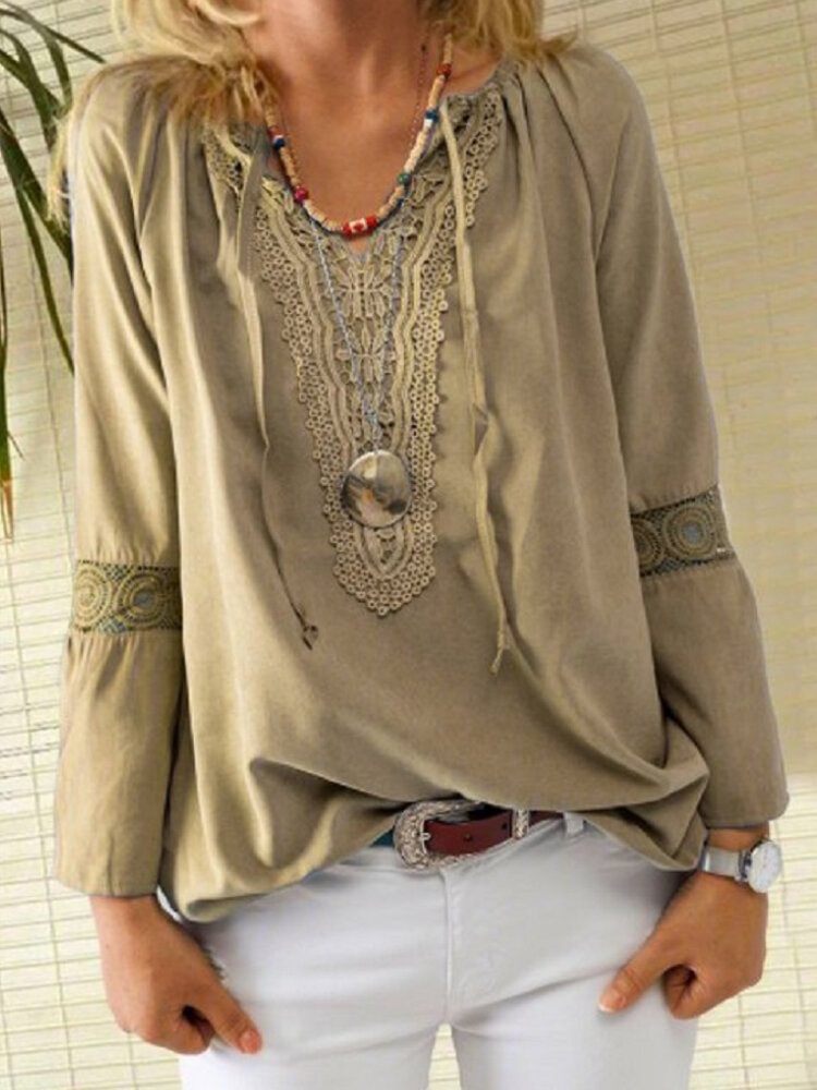 Solid Color Lace Patchwork Drawstring V neck Blouse P1760240