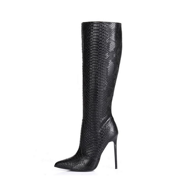 Black Snake Skin Calf Length Stiletto Heel Boots Vdcoo