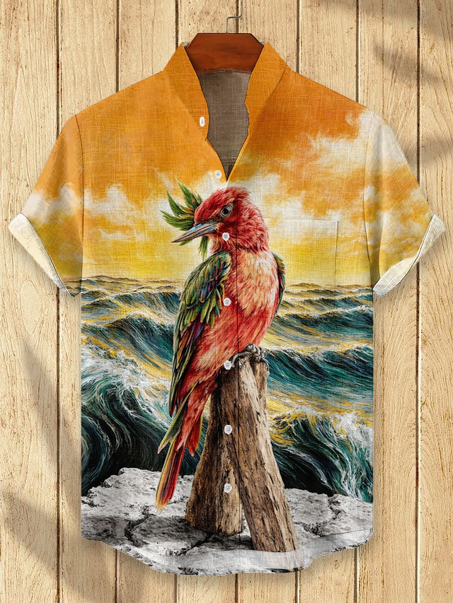 Hawaiian parrot stand-up collar pocket shirt PLUSCLOTHESMAN