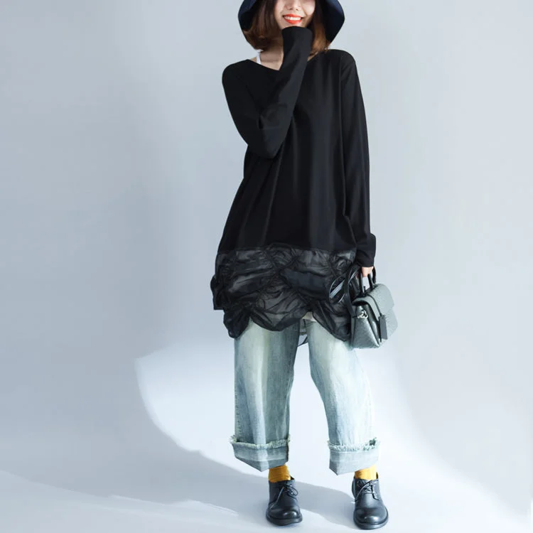 2021 unique black cotton patchwork knit tops plus size casual long sleeve sweaters