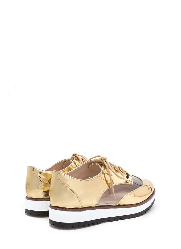 Gold Women's Oxfords Lace up Mirror Leather Vintage School Shoes |FSJ Shoes