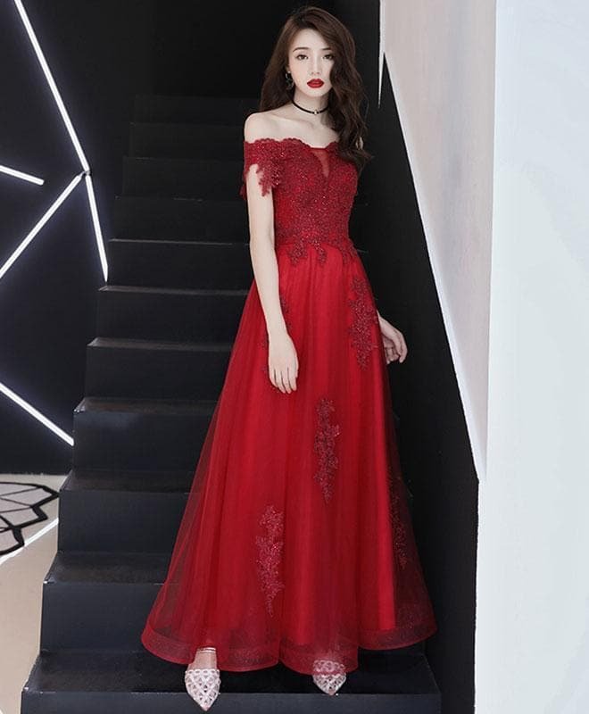 Burgundy Tulle Off Shoulder Lace Tea Length Prom Dress Lace Evening Dress