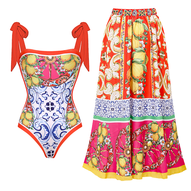 Reversible Tie-shoulder Cart and Lemon Print One Piece Swimsuit and Skirt 