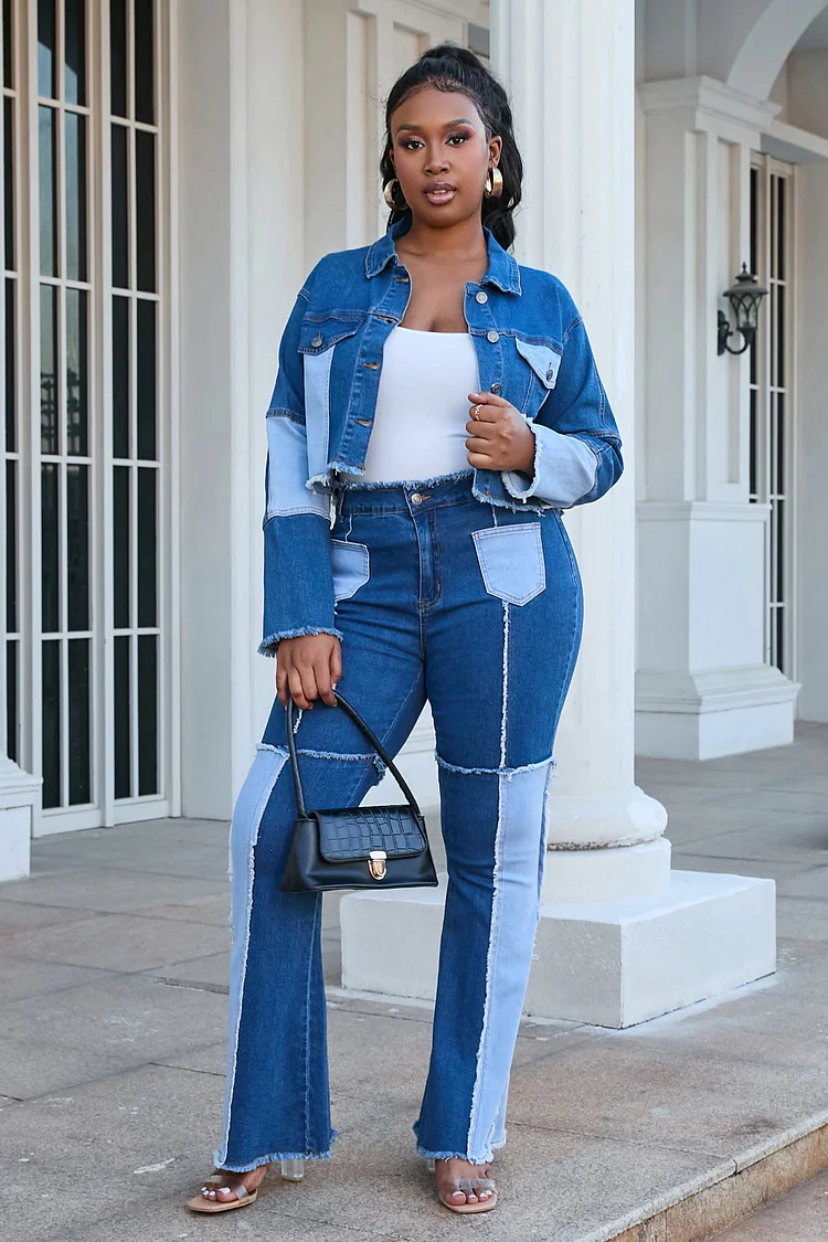 Denim Short Collar Jacket Two Piece Set