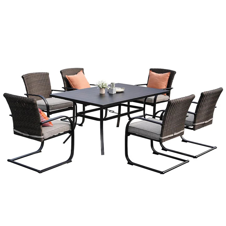 GRAND PATIO Outdoor 7 Piece Dining Table Set, Modern Woodgrain-Look Metal Table and Wicker Chairs for 6