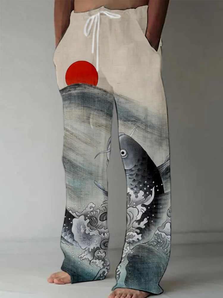 Comstylish Vintage Japanese Koi Fish Art Linen Blend Casual Pants