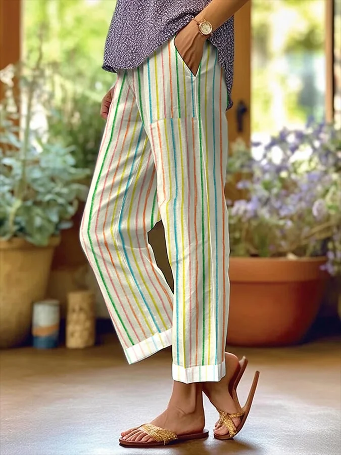 Women's Colorful Striped Design Loose Pocket Patchwork Casual Pants socialshop