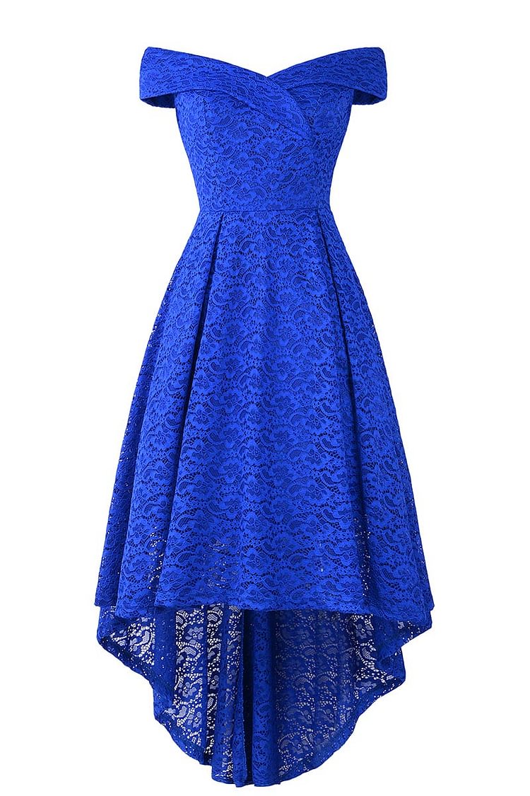 Off-the-shoulder V Neck High Low Lace Prom Dress - BlackFridayBuys