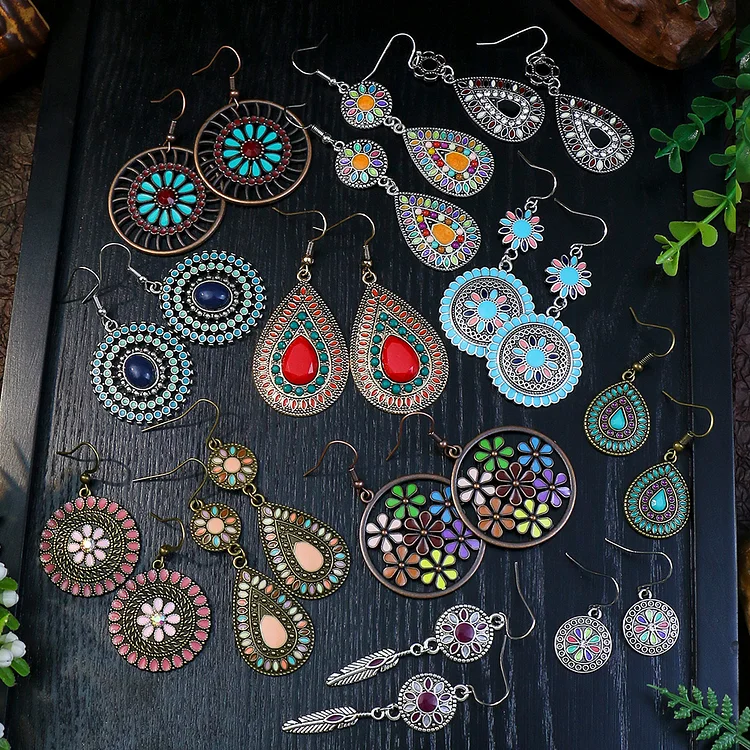 Retro Ethnic Style 12 Pairs Of Women's Earrings Multi-colored Set Round Drop-shaped Flower Set With Turquoise Set With Colored Rhinestone Pendant Combination Earrings
