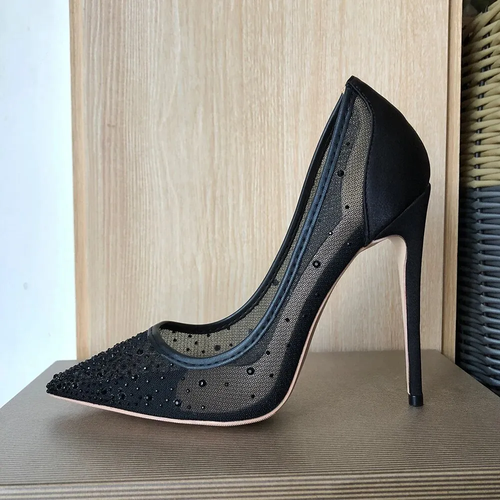 Rhinestones Women Patchwork Black Satin Gauze Pointy Toe High Heel Party Shoes 8cm 10cm 12cm Stiletto Pumps