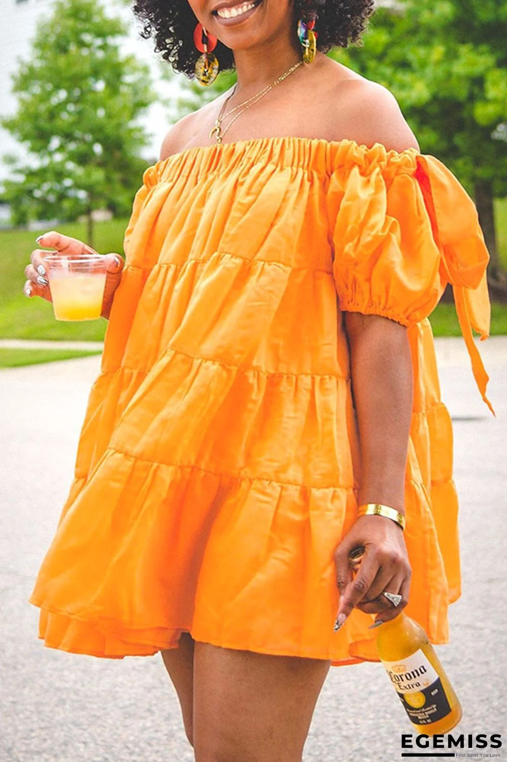 Orange Sexy Casual Solid Patchwork Backless Off the Shoulder Short Sleeve Dress | EGEMISS