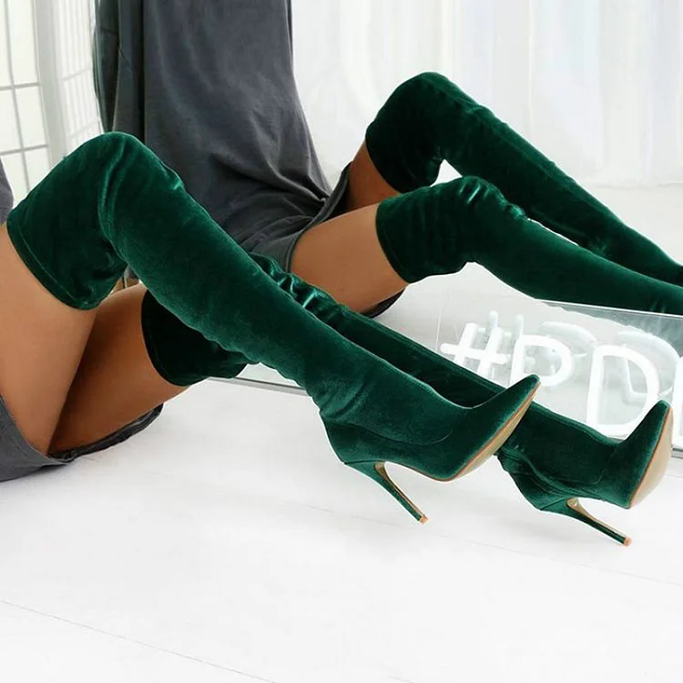 Pointed Toe Elastic High-Heeled Velvet Knee Boots-Green