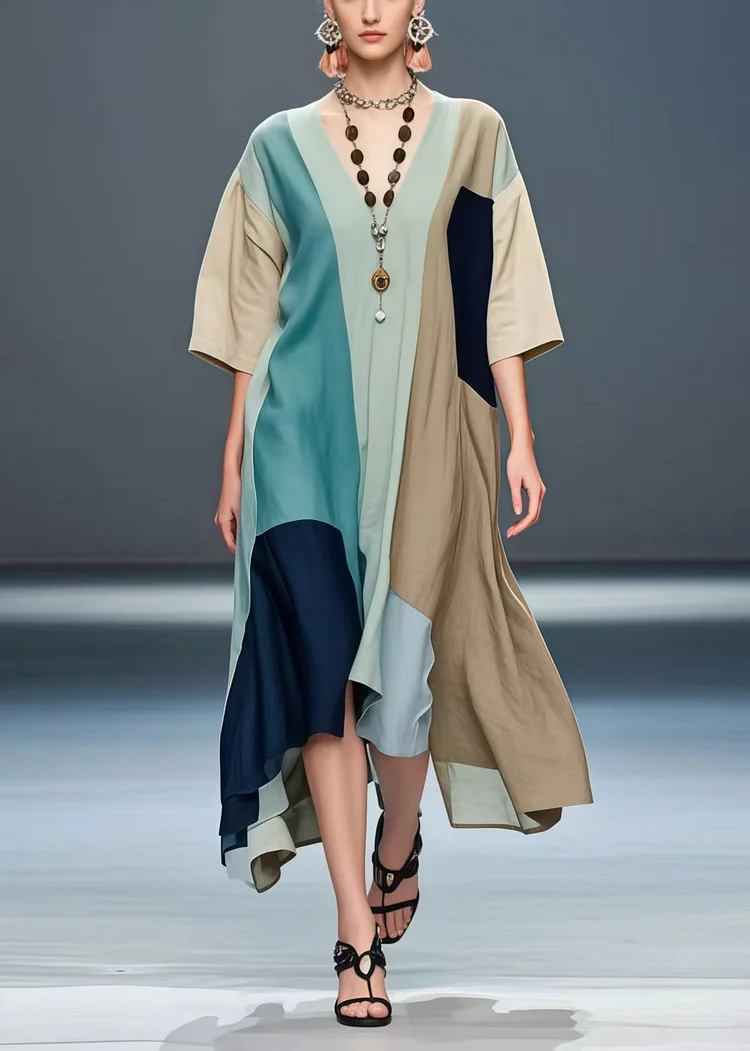 Stylish Asymmetrical Patchwork Cotton Robe Dresses Summer