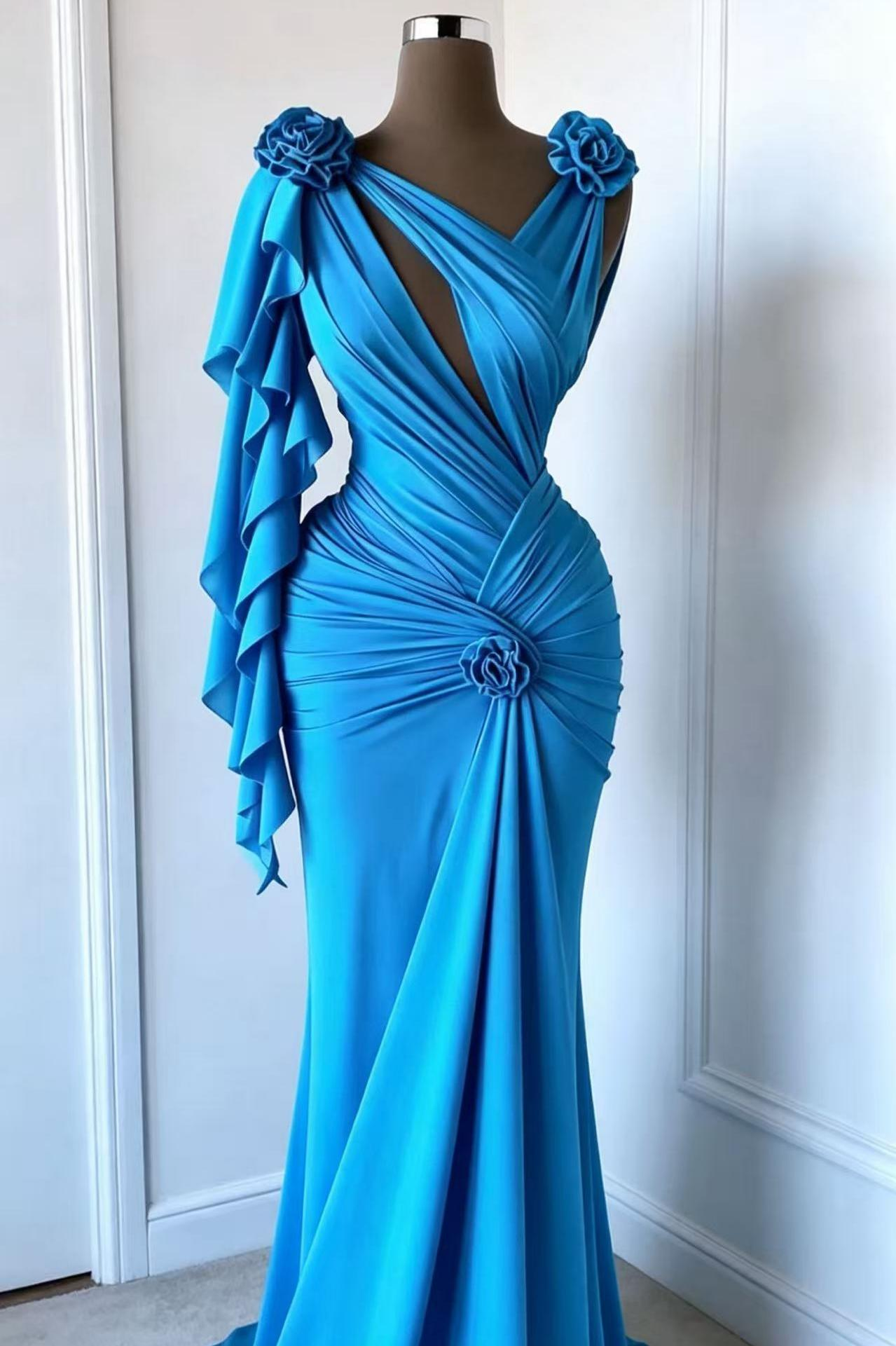 Asymmetric V-Neck Sleeveless High-Waisted Long Mermaid Prom Dress With Flowers And Pleated | LR0429 Wellcucu