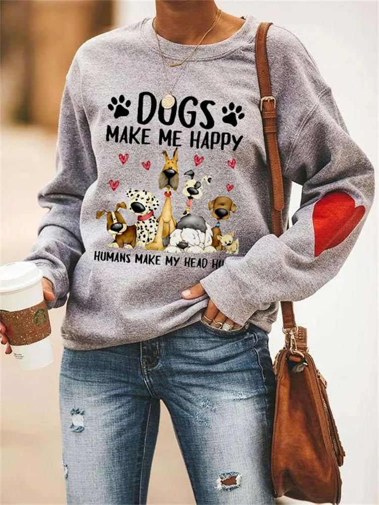 Vefave Dogs Make Me Happy Hearts Print Sweatshirt