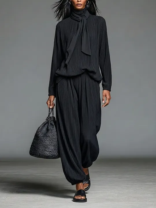 Women's Black Crinkle Fabric Minimalist Tie Neck Long Sleeve Top & Harem Pants Set MD