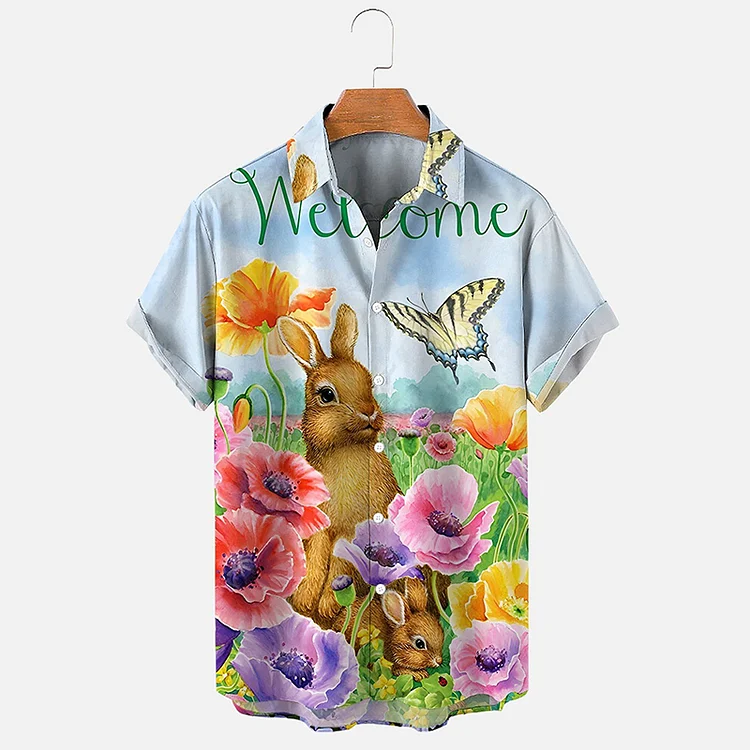 BrosWear Men's Easter Rabbit Print Holiday Style Short Sleeve  Shirt
